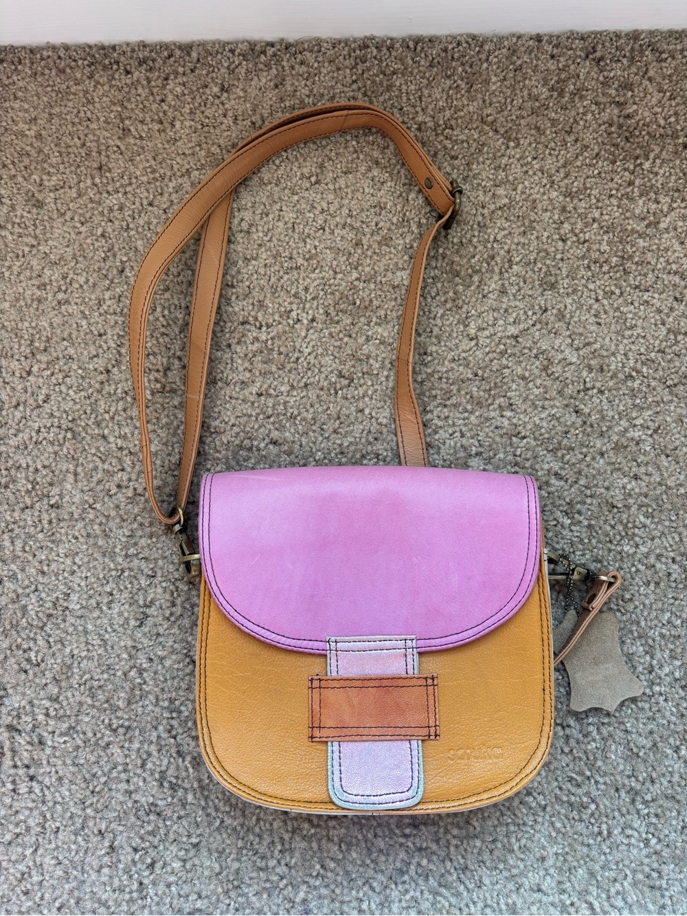 Soruka Recycled Leather Crossbody Bag Pink Mustard Colorblock Handmade Purse